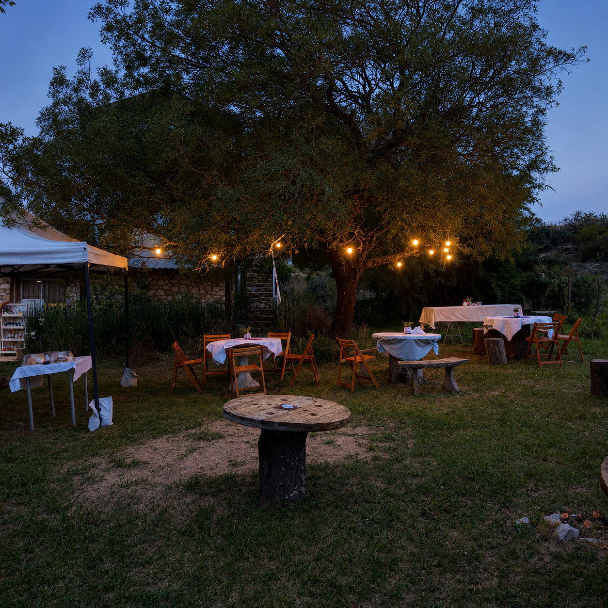 Patio exterior de MAMU Casa de Té al atardecer — mesas con mantel blanco, luces colgantes en el árbol y carpa